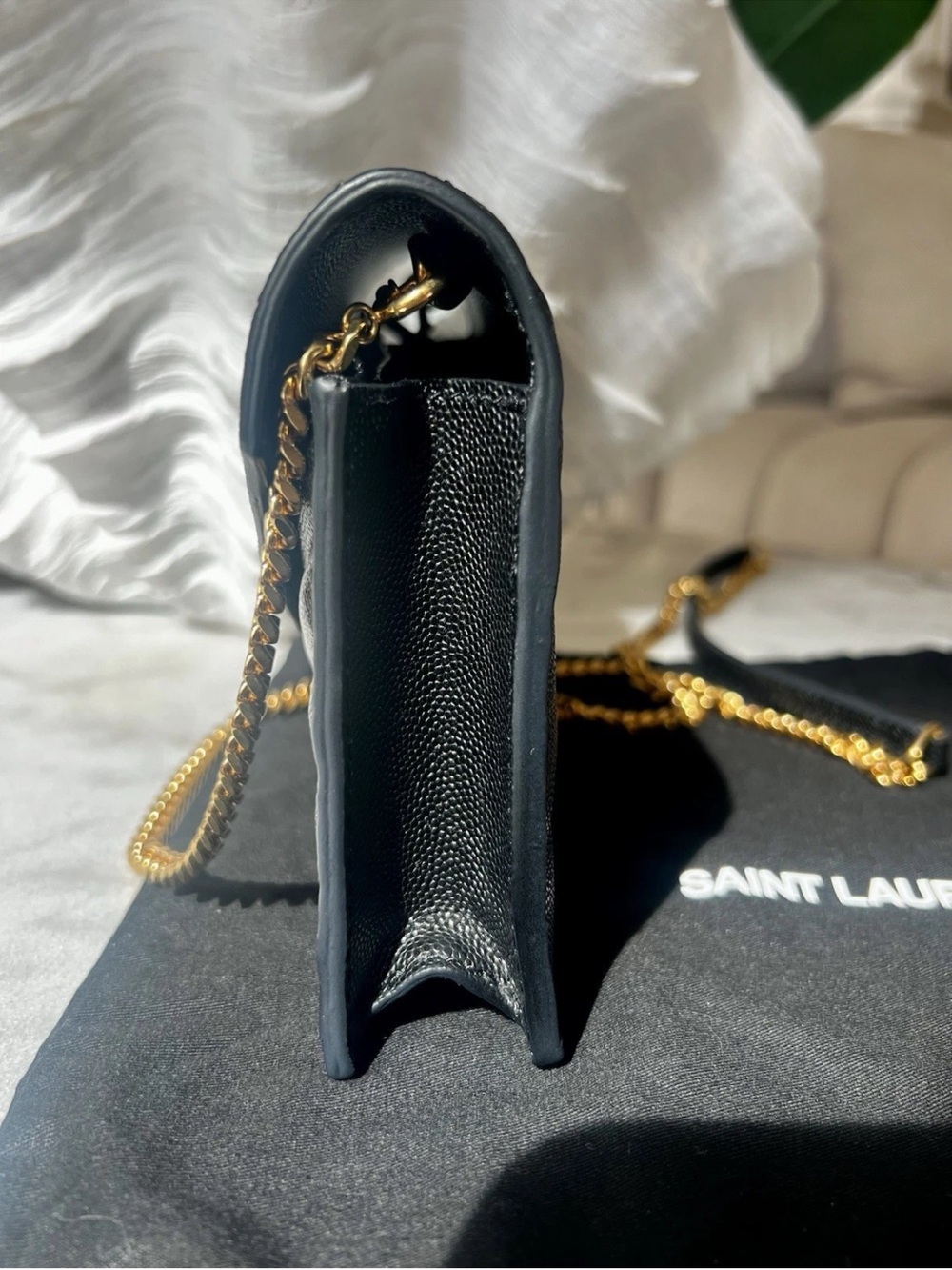 YSL Saint Laurent Black Gold Grained Cassandre Envelope Crossbody Clutch - Picture 4 of 6